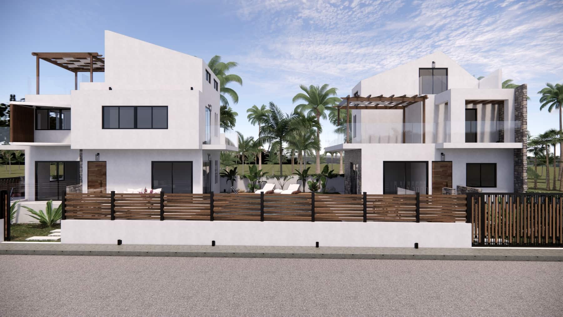 Αρχιτεκτονικός σχεδιασμός διώροφων κατοικιών με πισίνα - 3D φωτορεαλιστική απεικόνιση